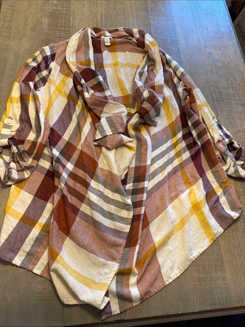 Cato Plaid Open-Front Cardigan in Mustard, Burgundy, Cream & Gray 1113